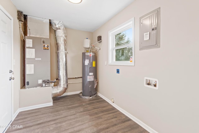 utility room featuring electric panel, electric water heater, and heating unit