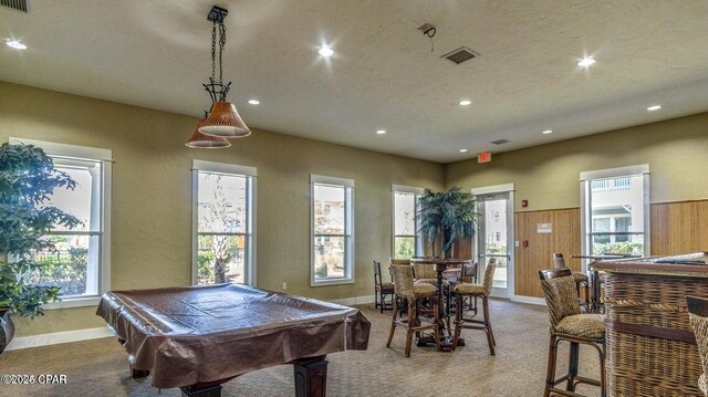 recreation room featuring billiards and light colored carpet