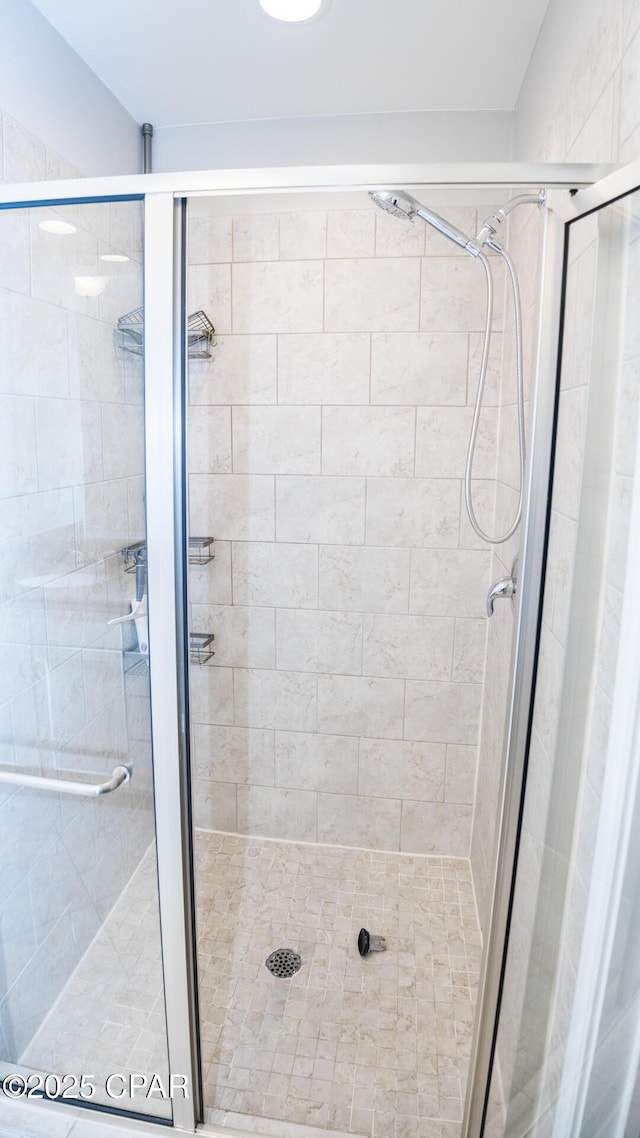 bathroom featuring a shower with shower door