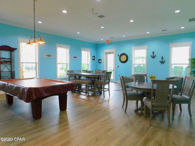 rec room with light wood-type flooring, plenty of natural light, crown molding, and pool table