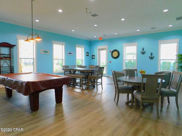 8700 Front Beach Rd Unit 5302, Panama City Beach, FL 32407 - rec room featuring recessed lighting, visible vents, light wood-style floors, pool table, and crown molding