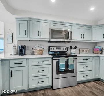 kitchen with appliances with stainless steel finishes, tasteful backsplash, and dark wood-type flooring