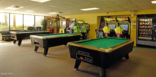 recreation room with carpet flooring, a drop ceiling, and billiards