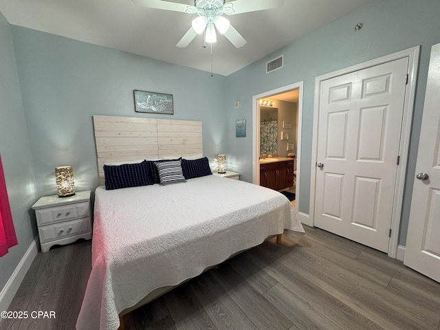 bedroom featuring ceiling fan, wood-type flooring, and connected bathroom