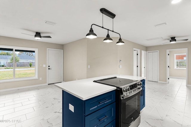 kitchen with electric stove, ceiling fan, hanging light fixtures, and blue cabinets