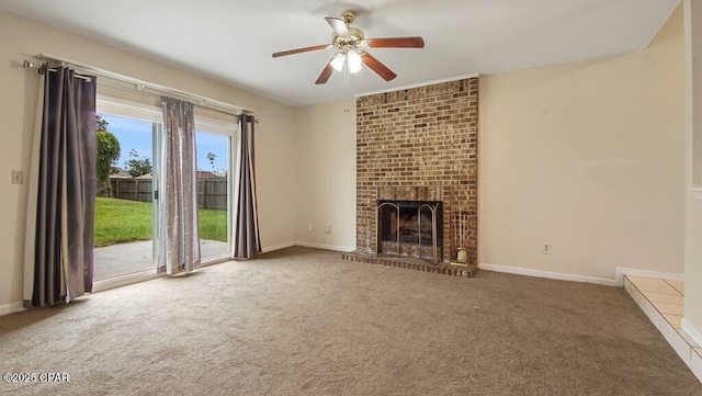 unfurnished living room featuring a brick fireplace, ceiling fan, and carpet flooring