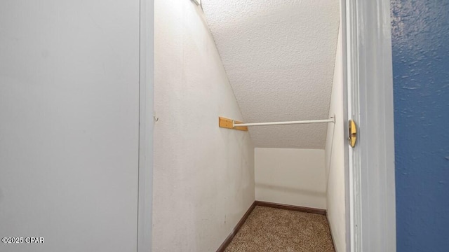 walk in closet with light carpet and lofted ceiling