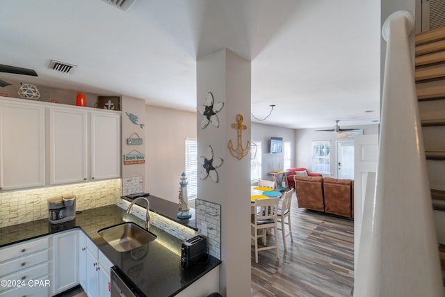 kitchen with tasteful backsplash, sink, white cabinets, and ceiling fan