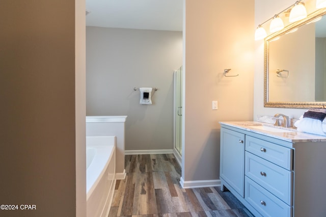 bathroom featuring vanity, plus walk in shower, and wood-type flooring