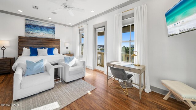 bedroom with hardwood / wood-style floors, ceiling fan, access to exterior, and ornamental molding