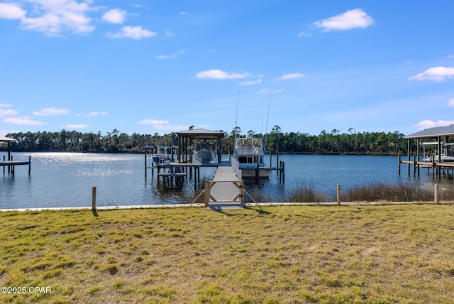 dock area featuring a water view and a yard