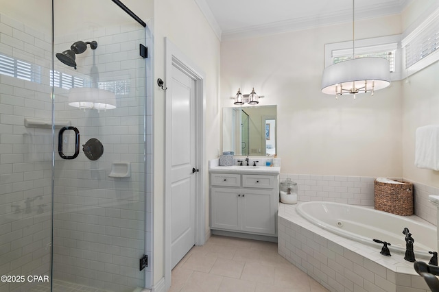 bathroom featuring shower with separate bathtub, vanity, tile patterned floors, and ornamental molding