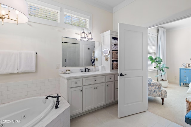 bathroom featuring tile patterned floors, vanity, independent shower and bath, and ornamental molding