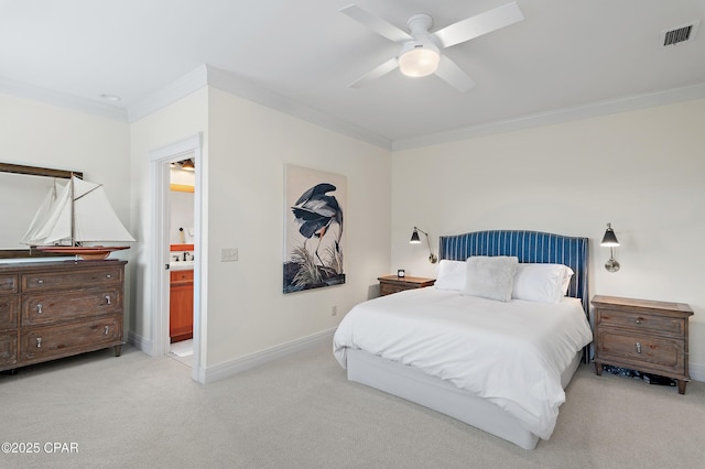 bedroom with light carpet, ceiling fan, and ornamental molding