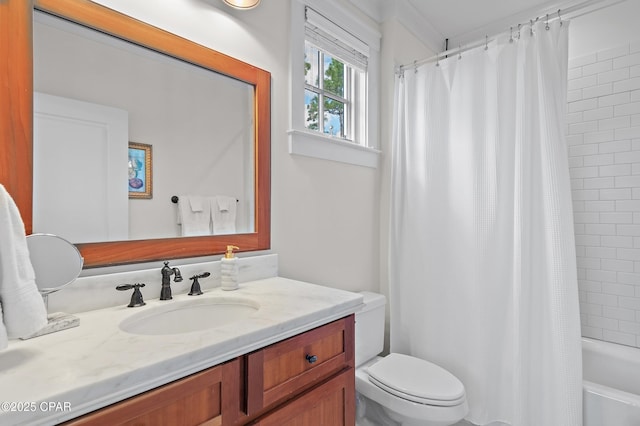 full bathroom featuring vanity, shower / bath combo, and toilet