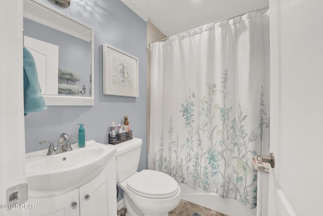full bath featuring toilet, shower / tub combo with curtain, and vanity