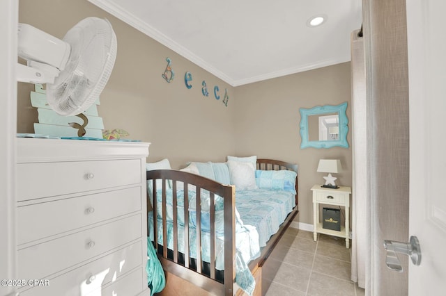 bedroom featuring baseboards, ornamental molding, light tile patterned floors, and recessed lighting
