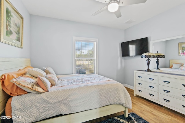 bedroom featuring ceiling fan and light wood-type flooring