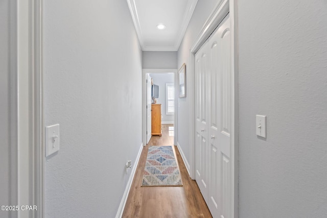 hall with light wood-type flooring and ornamental molding