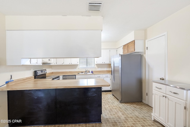 kitchen featuring sink, stainless steel appliances, kitchen peninsula, extractor fan, and white cabinets