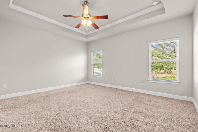 carpeted spare room featuring a wealth of natural light, ceiling fan, a tray ceiling, and ornamental molding