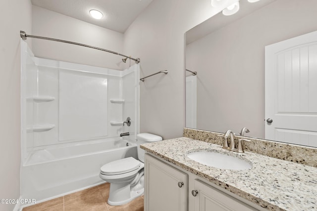 full bathroom with toilet, a textured ceiling, tub / shower combination, tile patterned floors, and vanity