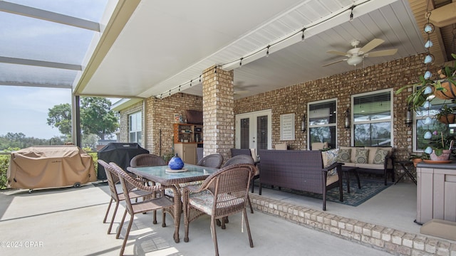 view of patio with french doors, grilling area, ceiling fan, and an outdoor hangout area