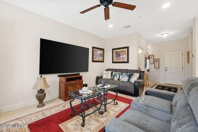 tiled living area featuring recessed lighting, visible vents, baseboards, and ceiling fan