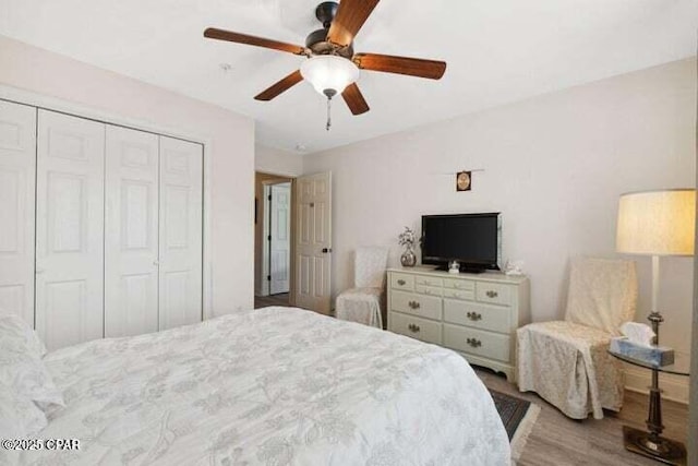 bedroom with a closet, a ceiling fan, and wood finished floors