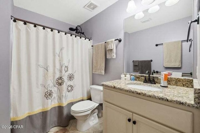 full bathroom with tile patterned flooring, visible vents, toilet, a shower with shower curtain, and vanity