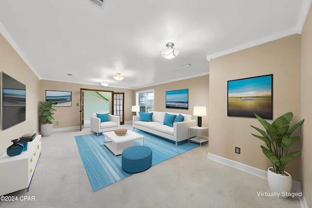 living room featuring light colored carpet and ornamental molding