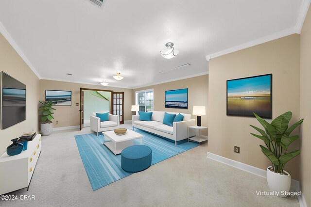 living room featuring light carpet and crown molding