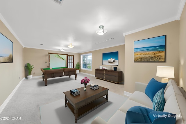 recreation room with light carpet, ornamental molding, and pool table