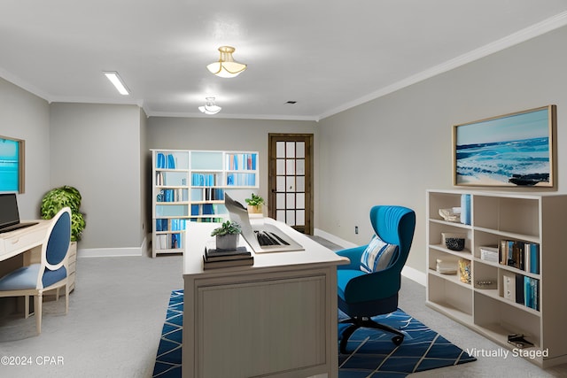 office area featuring light colored carpet and ornamental molding