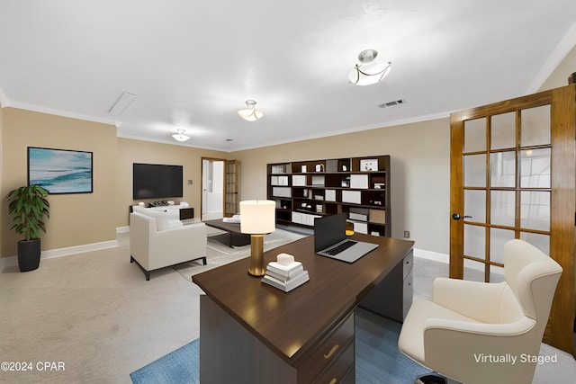 home office with french doors and ornamental molding