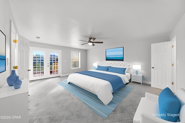 bedroom featuring access to exterior, ceiling fan, french doors, and carpet floors