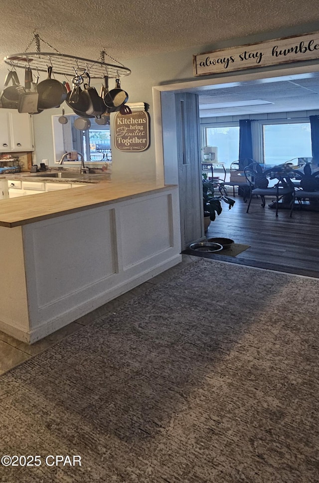 interior space featuring white cabinetry, sink, dark wood-type flooring, and a textured ceiling