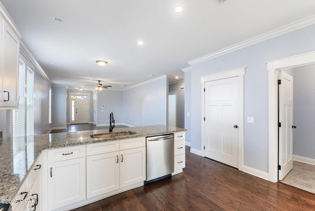 kitchen with stainless steel dishwasher, ceiling fan, sink, stone countertops, and white cabinets