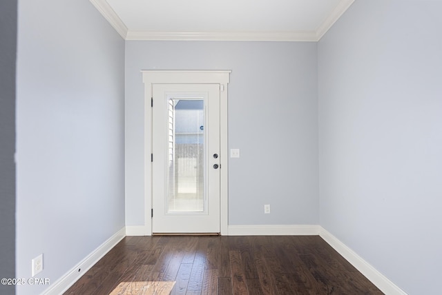 entryway with a healthy amount of sunlight, dark hardwood / wood-style floors, and crown molding