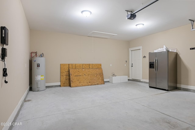 garage with stainless steel refrigerator with ice dispenser, electric water heater, and a garage door opener