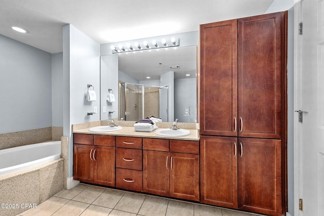 bathroom with tile patterned floors, vanity, and plus walk in shower