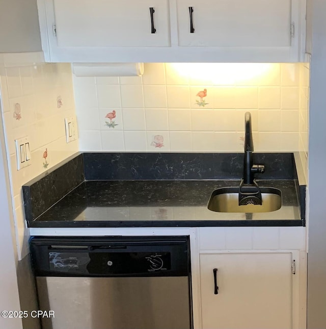 kitchen with white cabinets, dishwasher, sink, and tasteful backsplash