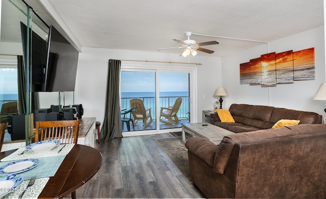 living room with ceiling fan, plenty of natural light, and dark wood-type flooring