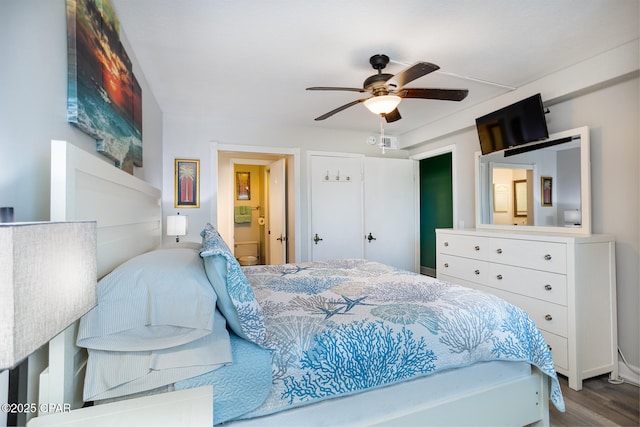 bedroom featuring ceiling fan and wood-type flooring