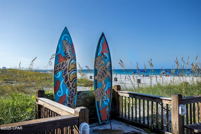 exterior space with a beach view