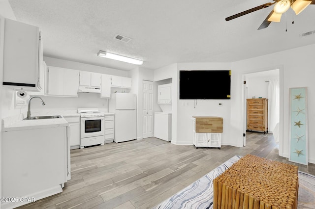 kitchen featuring white cabinetry, white appliances, sink, and light hardwood / wood-style flooring