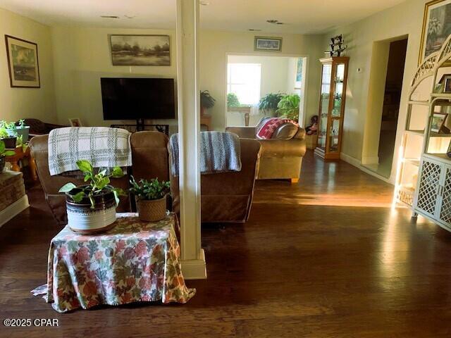 living room featuring dark wood-type flooring