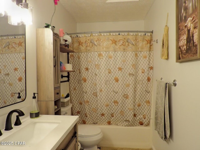 full bathroom with vanity, toilet, shower / bathtub combination with curtain, and a textured ceiling