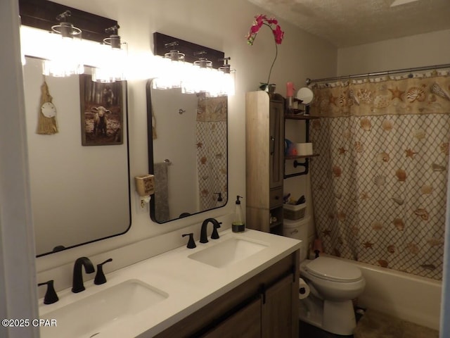 full bathroom with vanity, toilet, and shower / bathtub combination with curtain