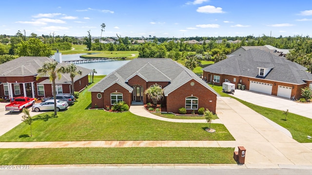 view of front facade featuring driveway, a shingled roof, a water view, a front lawn, and brick siding